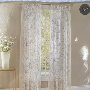 Voile Sheer Curtain Panels Leaf Botanical Embroidery White and Green 52” x 95”